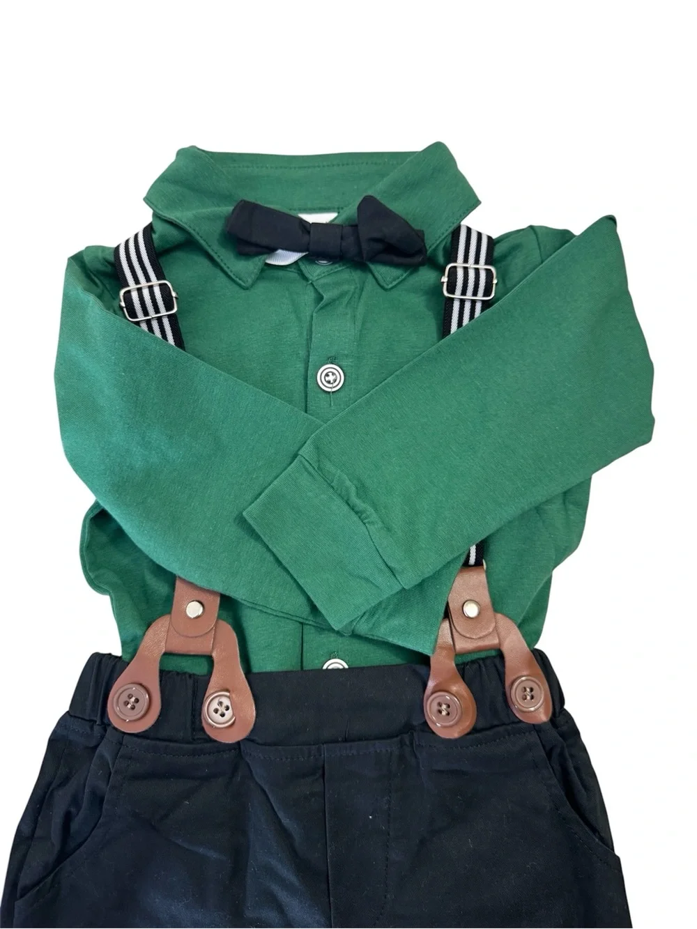 Kids Green Button-Down Shirt with Black Pants & Suspenders Set